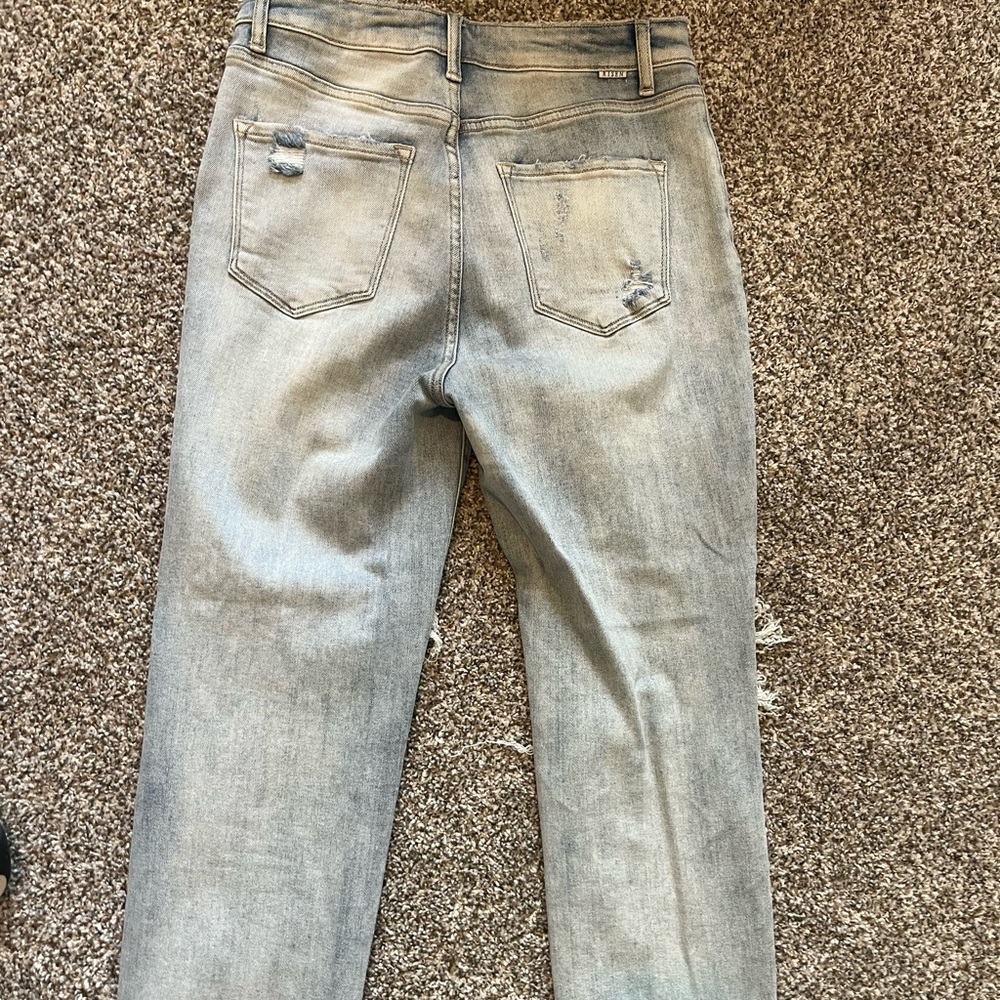 Light Wash Distressed High Rise Mom Jeans- Risen Jeans